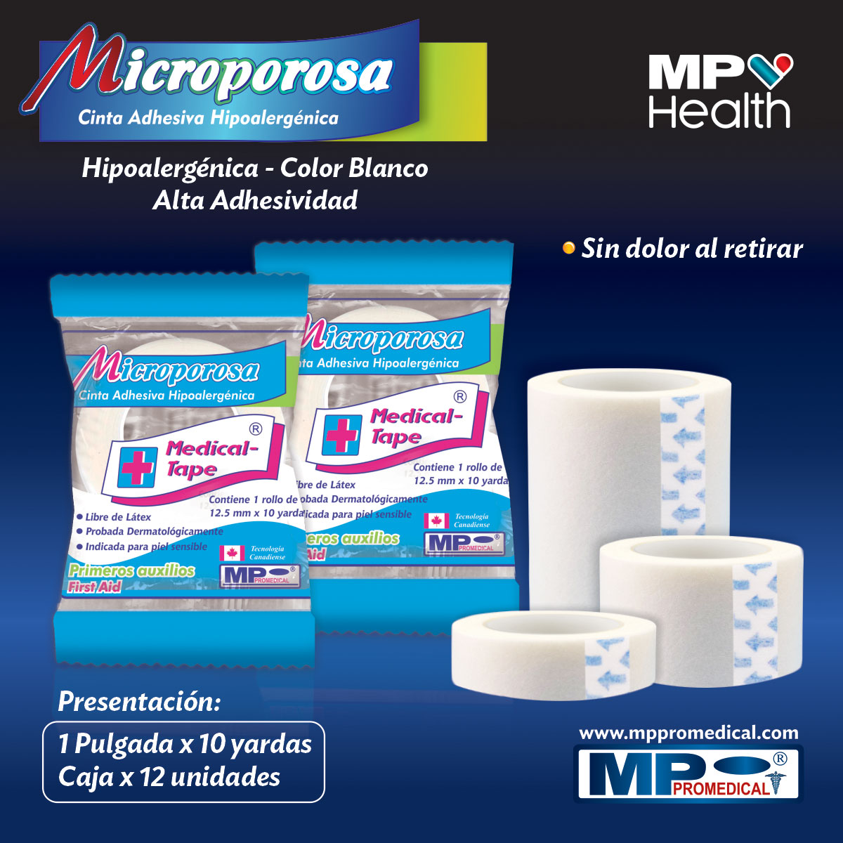 Microporo Blanco 1 pulg x 10 yds Celofán Alta Adhesividad caja x 12