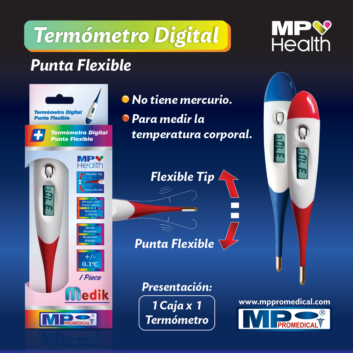 Termómetro digital flexible, Con Luz